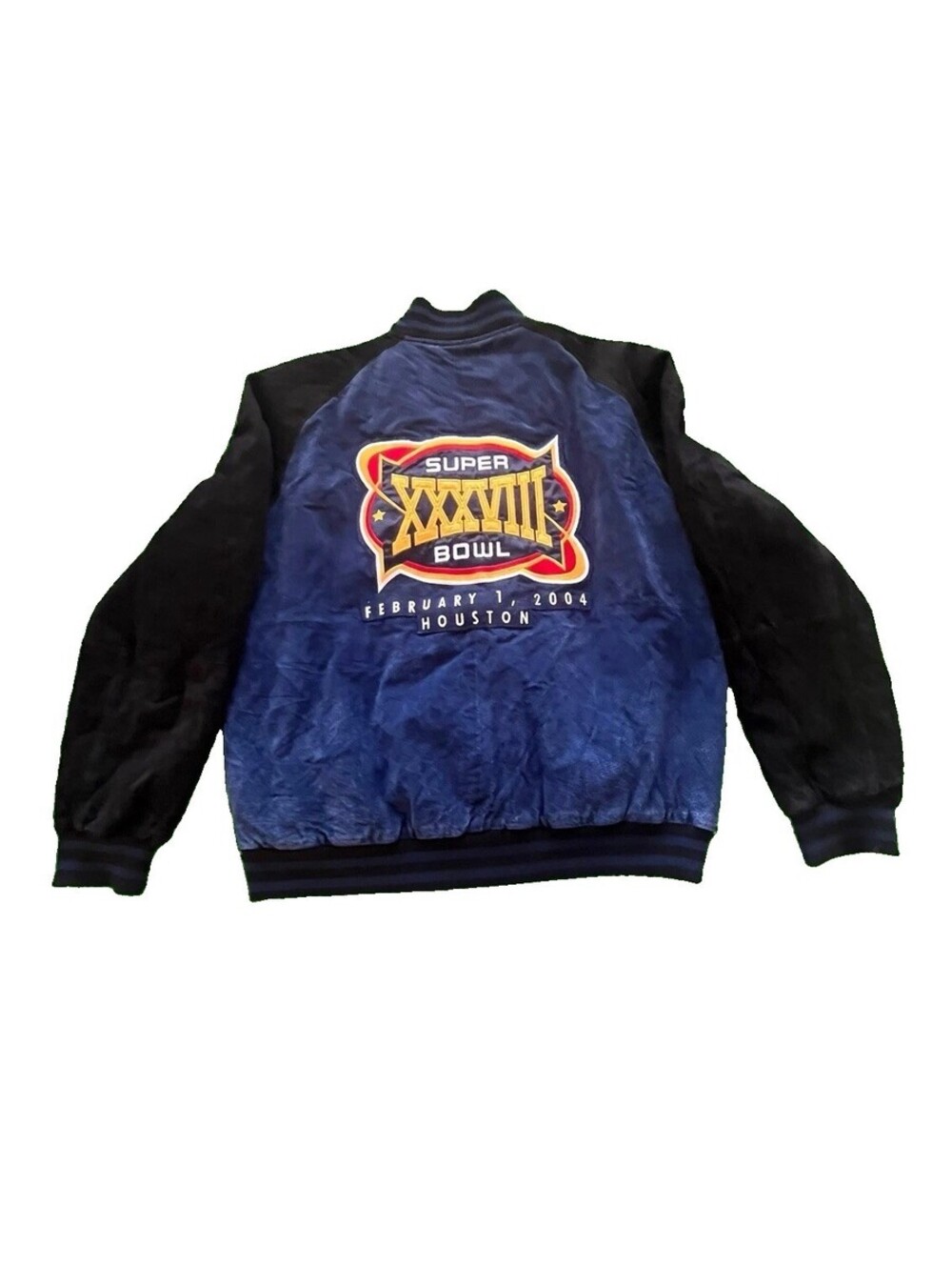 NFL Super Bowl XXXVIII Jacket Suede Leather Blue/ Black Coat Houston XL